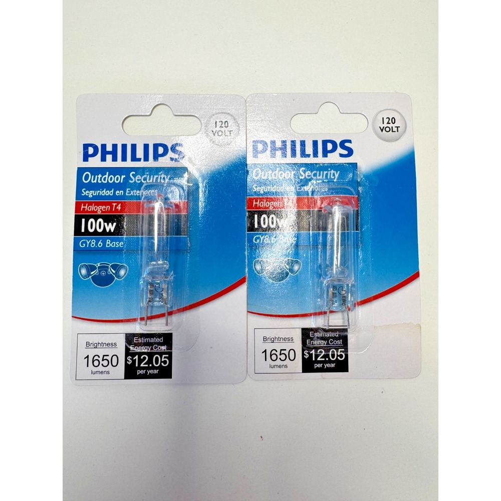 Set of 2 Philips Outdoor Security 120 Volt Bulbs Halogen T4 100W GY8.6 Base NEW